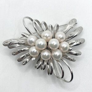 VTG Japanese Silver Cultured Pearl Cluster Ornate MCM Brooch 2.2”